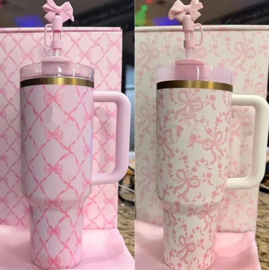 NEW 40OZ Tumblers Floral Cups With Bow Cap Stainless Steel with handle Lid and Straw Pink Car Mugs Chocolate Gold Water Bottles For Christmas Gifts US stock