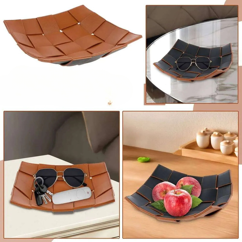 Leather Key Bowl Reversible Phone Wallet Coin Desktop Storage Tray Organizer Square Weave Nightstand