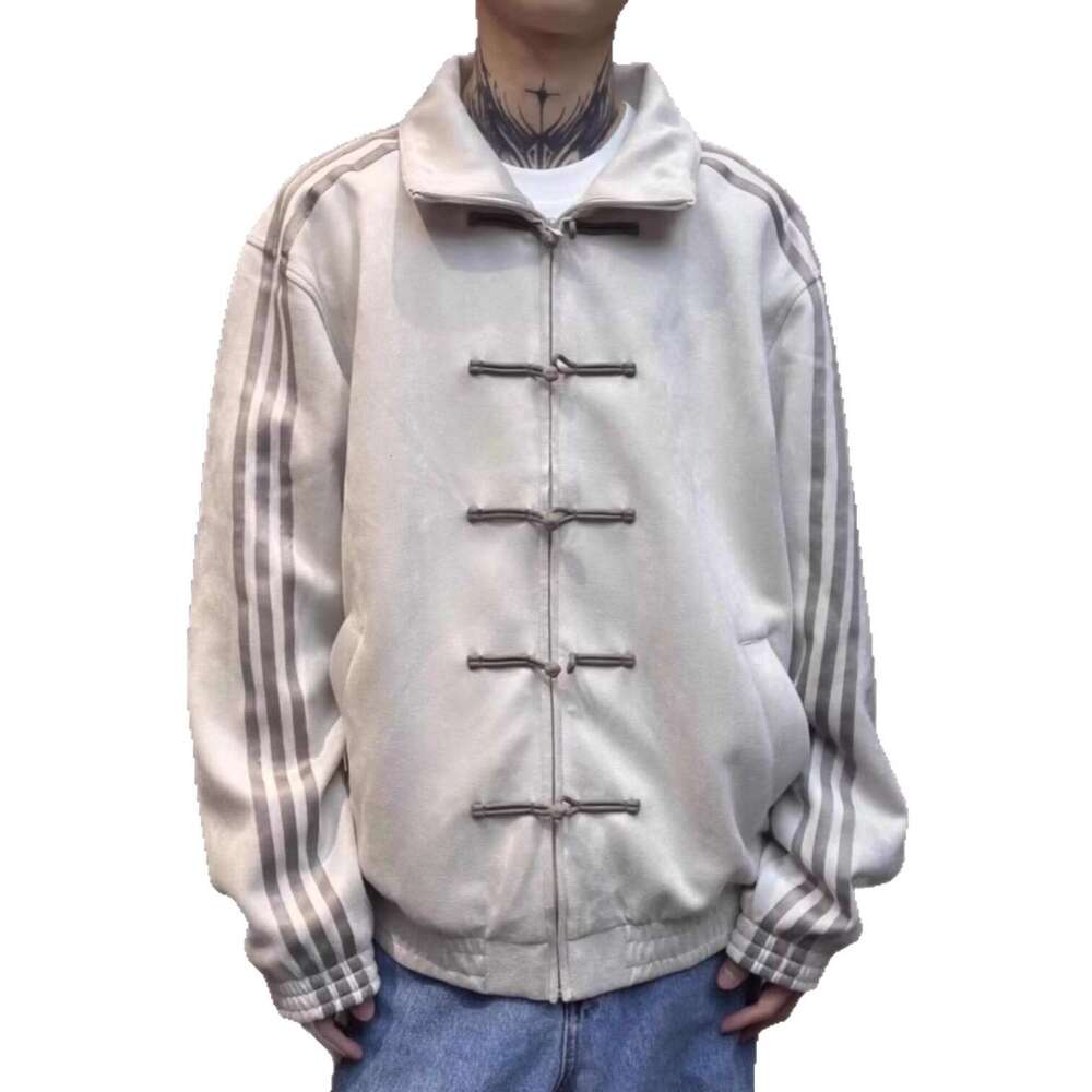 New Chinese Style Men's Suede Fleece Stand Collar Jacket Frog Button Baseball Collar Three Stripe Sport Coat Spring Autumn Casual