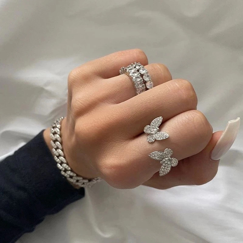 designer Jewelry Rings New European American style full-diamond open double butterfly zircon fashionable and versatile women's ring cross-border 