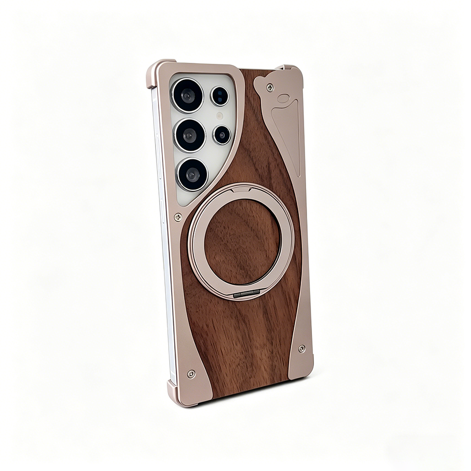 Compatible with Samsung S23 Ultra - Solid Wood Grain Borderless Case with 360° Rotating Magnetic Stand,Walnut + Aluminum Alloy Mobile Phone Case Semi-