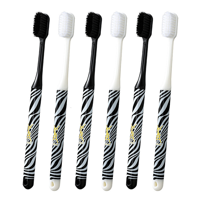 Toothbrush Black White 6 Piece Gift Set High End Zebra Pattern Printed Handles Soft Bristles Gum Care For Couples And Families
