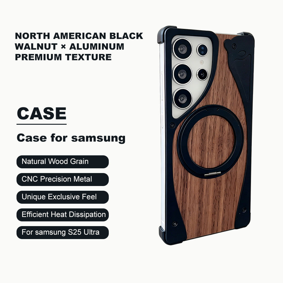 Compatible with Samsung S25 Ultra-Solid Wood Grain Borderless Case, 360° Rotating Magnetic Stand, Walnut & Aluminum Alloy Semi-wrapped Phone Case