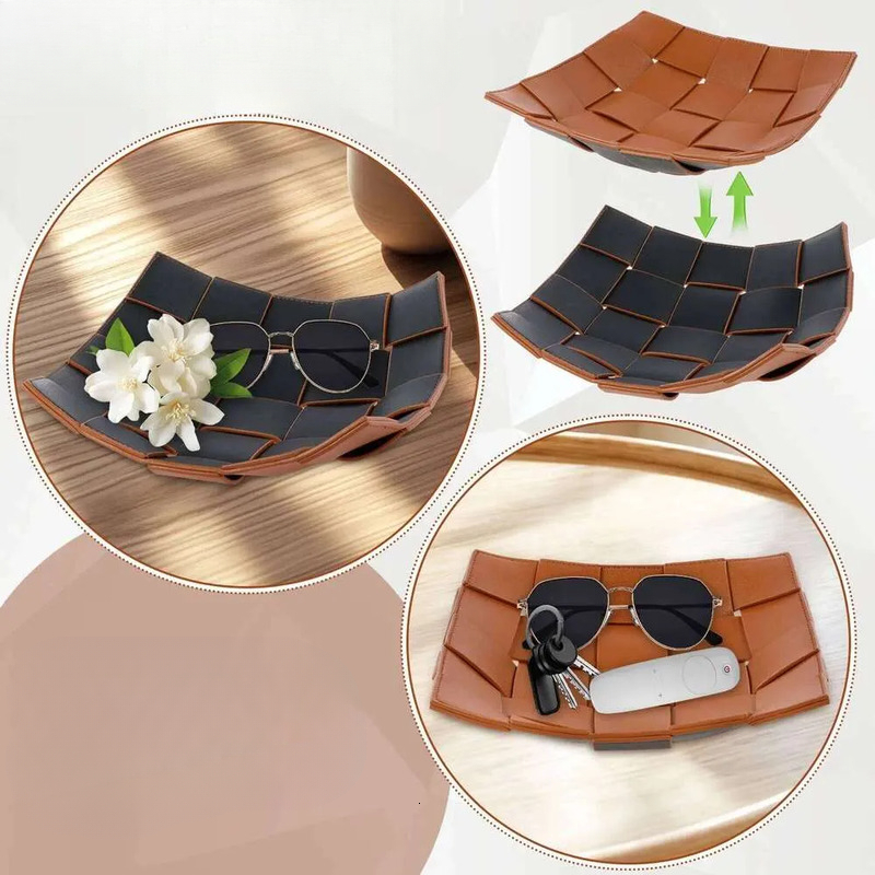 Leather Key Bowl Reversible Phone Wallet Coin Desktop Storage Tray Organizer Square Weave Nightstand