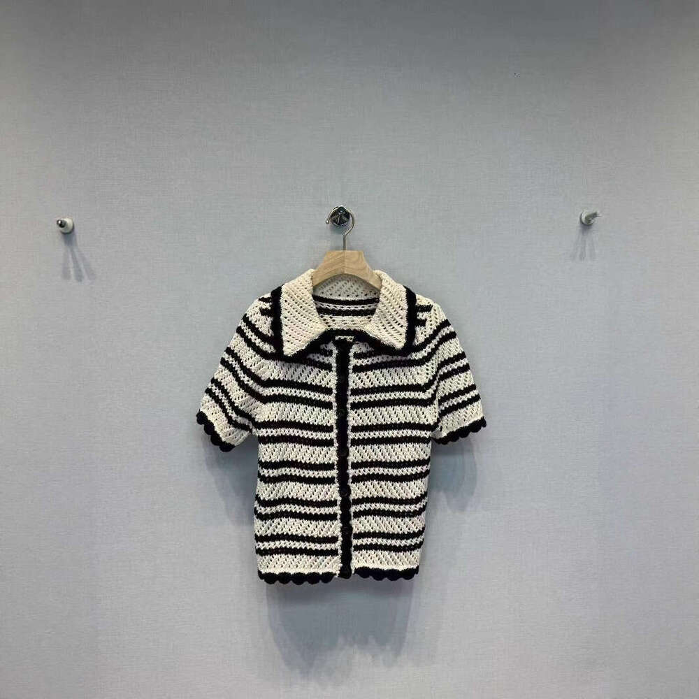 2026 Designer Women's Summer New Style Color blocked Striped Hollow Knitted k30 Top Short Sleeve Single breasted Drawstring Half Skirt
