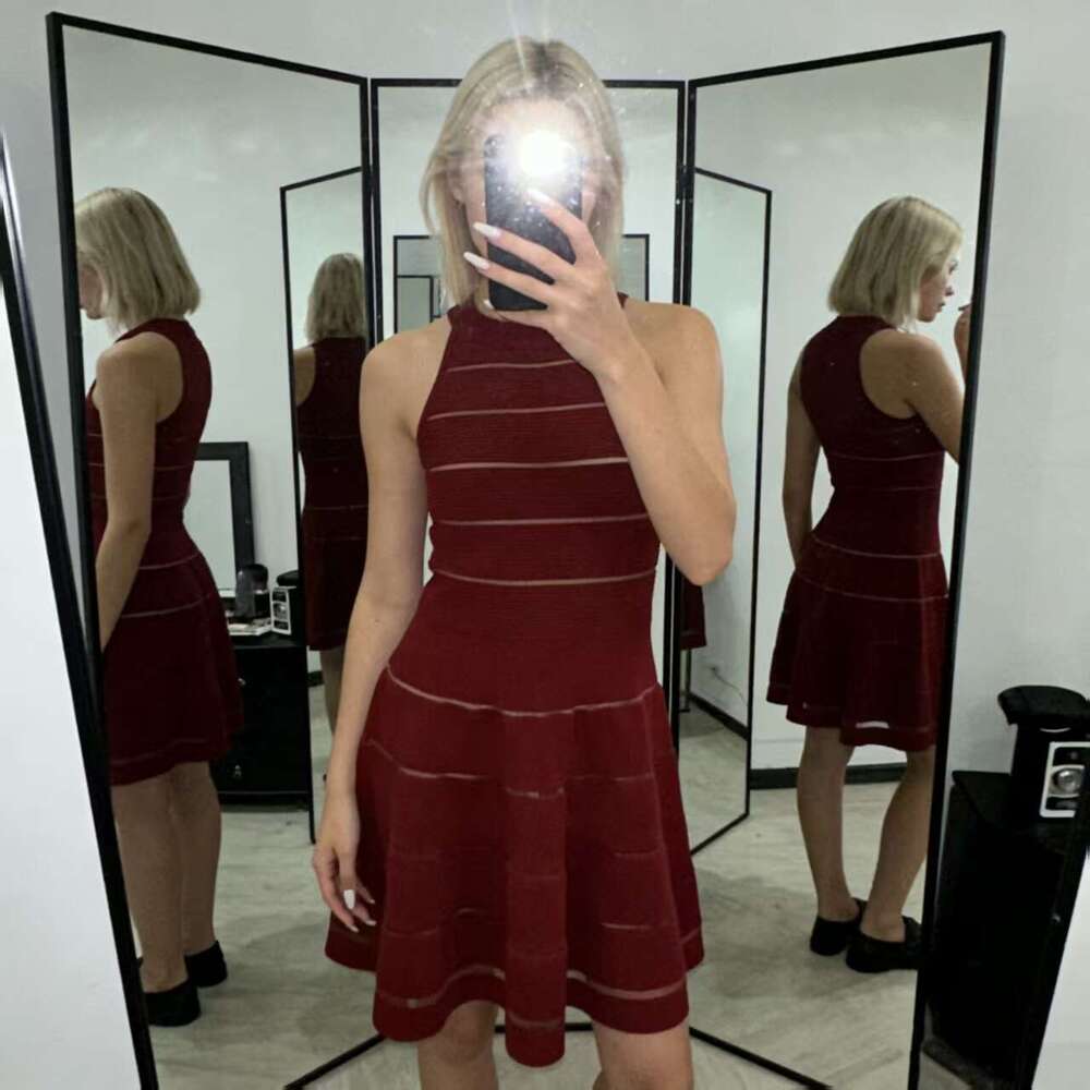 Designer French elegant V-neck gold button ribbed slim k30 knit women's sleeveless A-line mini skirt