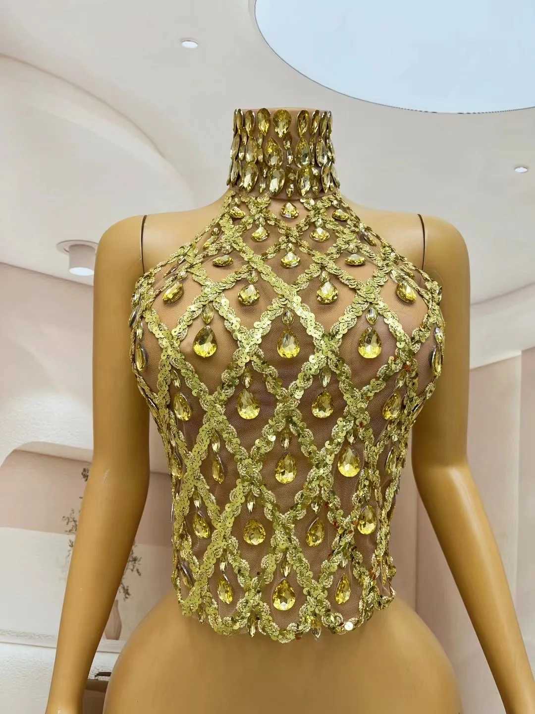 Sparkly Gold Rhinestone Mesh Tops Women Sexy See Through Evening Party Birthday Wear Nightclub Stage Performance Costume X260401