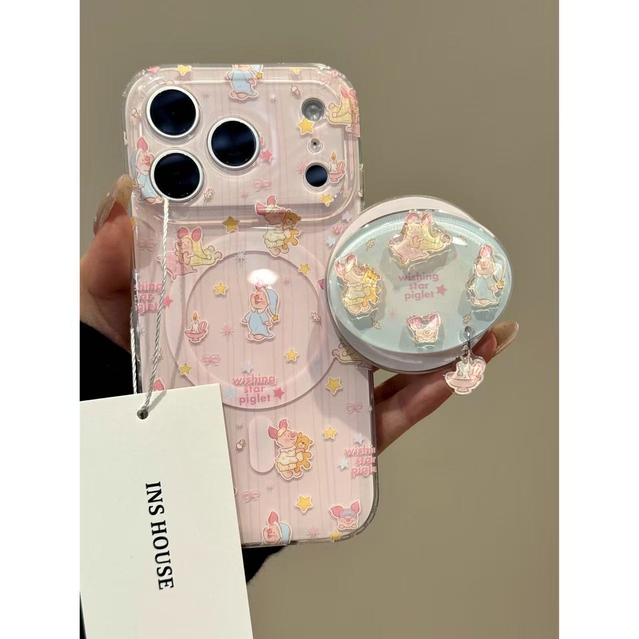 Cute pink stripe pajamas piglet magnetic stand for iPhone iPhone case women