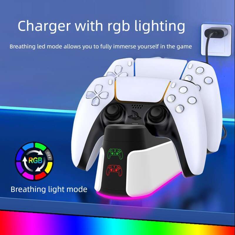 New PS5 Dual Controller Fast Charging Dock with RGB Ambient Light, DualSense Charger, Overcharge Protection, Plug and Play Game Accessories CKS