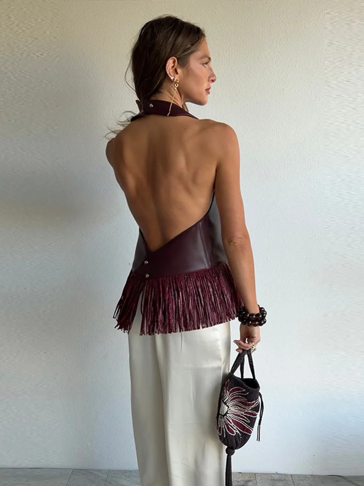 Faux Leather Fringe Ptachwork Halter Top Women Casual Solid Sleeveless Backless Female Tank 2026 Spring Summer Chic Lady Tops 260331