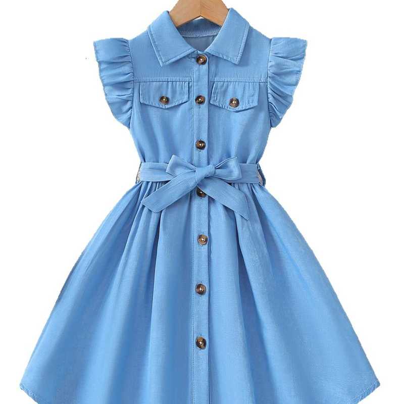 Girl's Dresses Girl's Dresses Girls' summer dress with a turn-down collar ruffle sleeves waist-cinching belt single-breasted buttons st