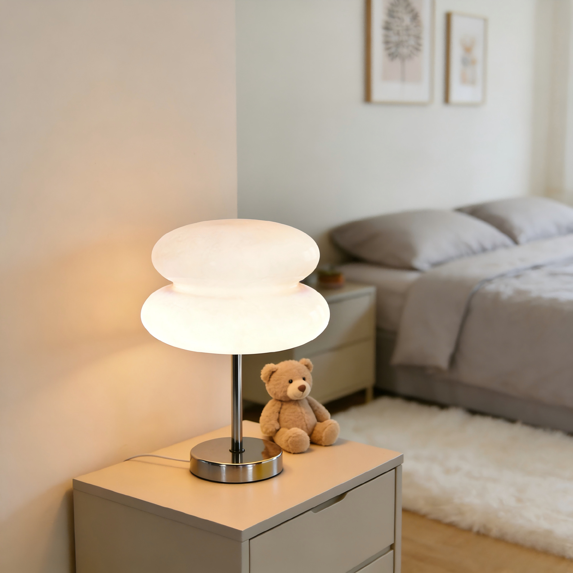 Cream Style Bedside Ambient Night Light, Nordic INS Bedroom Table Lamp, 3-Color Dimmable Decor Lamp