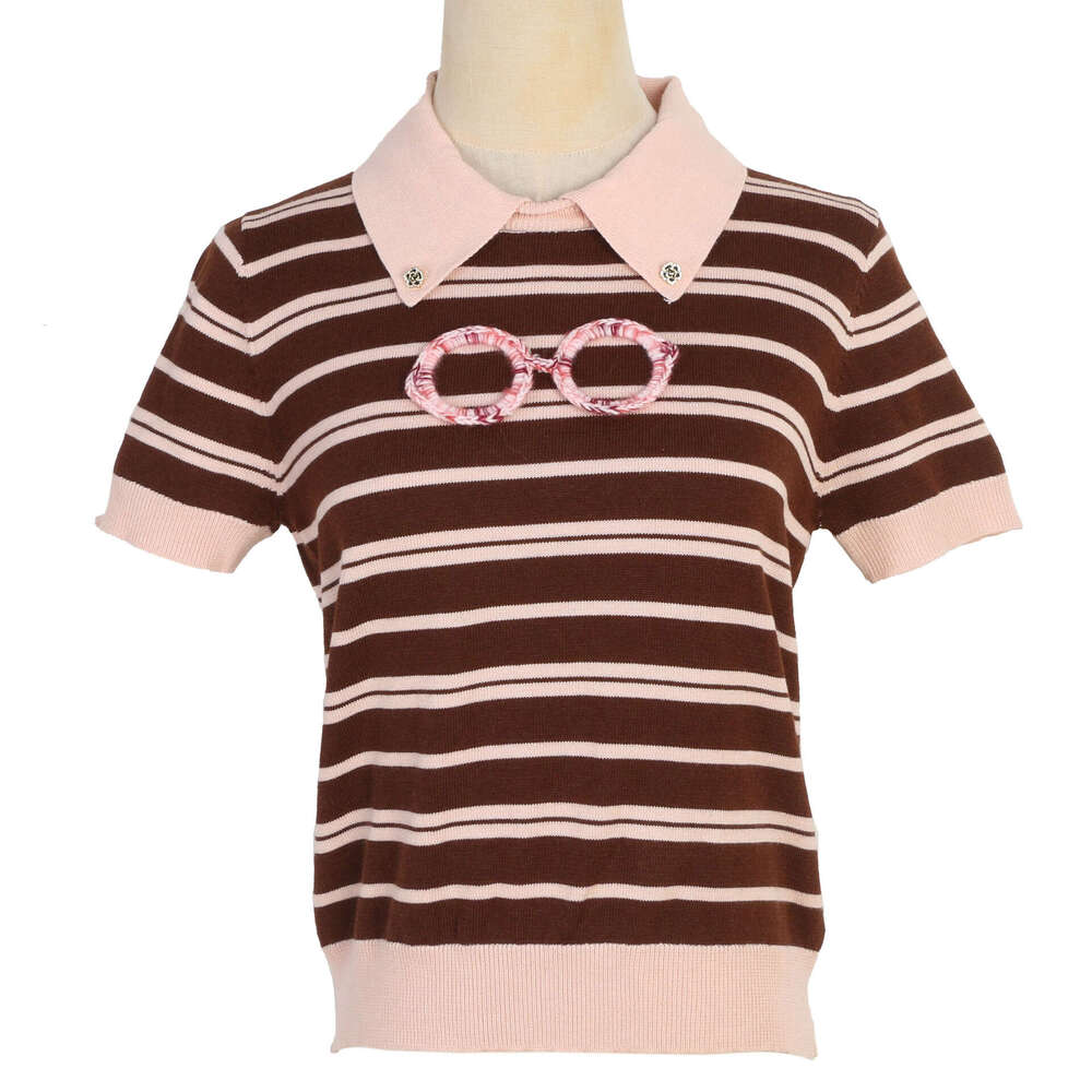 Spring new color blocked women's pullover shirt with striped fold k30 collar and mesh pattern, multifunctional short sleeved knitted fabric