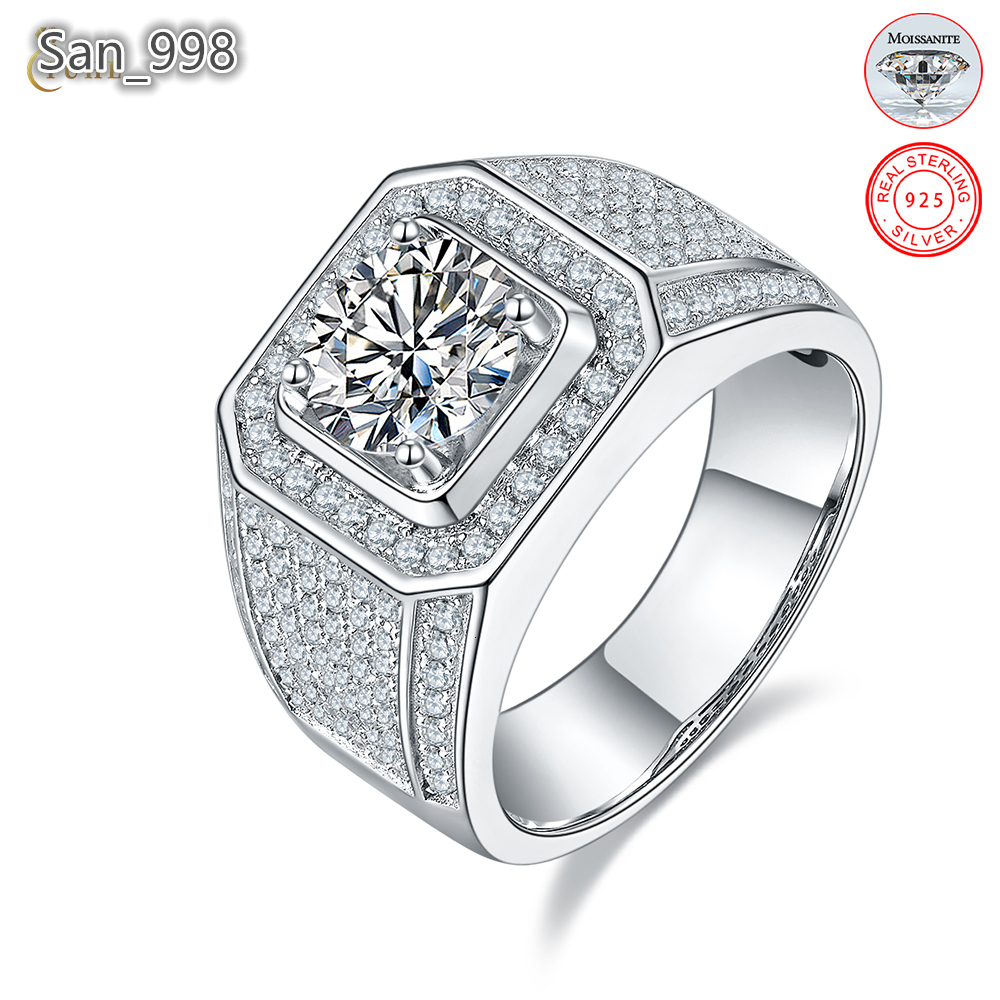 Engagement Jewelry White Gold Plated 925 Sterling Silver 1ct D Color VVS Moissanite Diamond Wedding Band Ring for Men