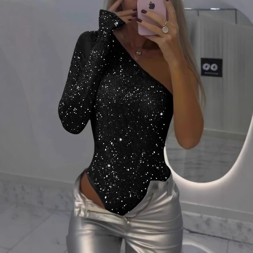 2026 Designer Luxury Spring Summer European And American Wish Hot Girl Sexy One-shoulder Tight Rhinestone Sequin Top