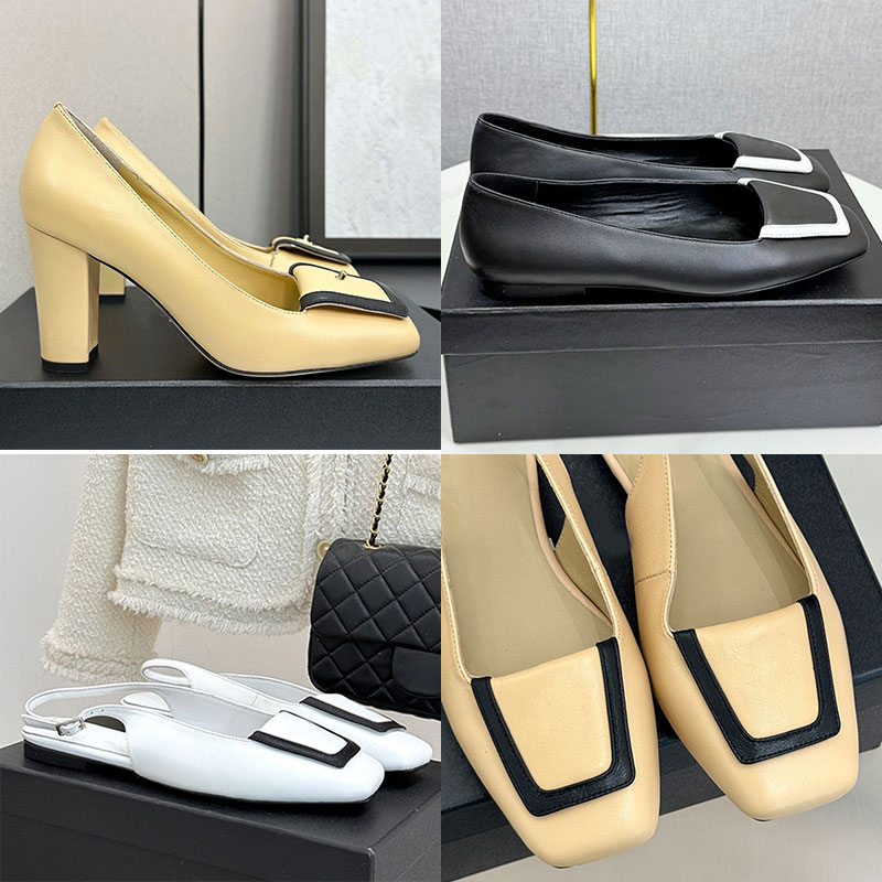 Famous Designer Womens Pump Back Strap Women Flat Shoes Retro Flip Lady Sandals Top Leather Upper Metal Buckle Decoration Real Leather Sole Miss High Heels