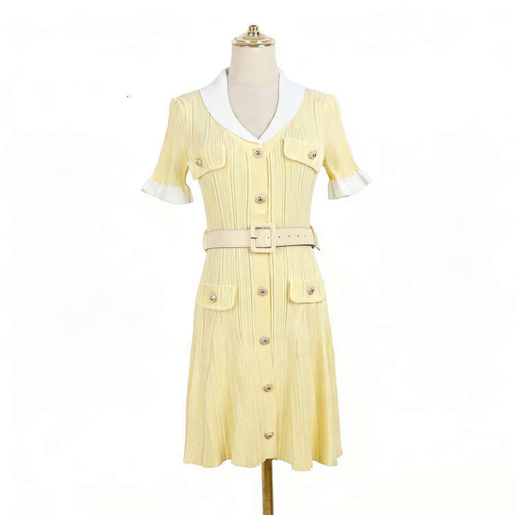 Summer new designer knitted contrasting collar, pleated cuffs, single breasted waistband, k30 fresh and elegant women's dress