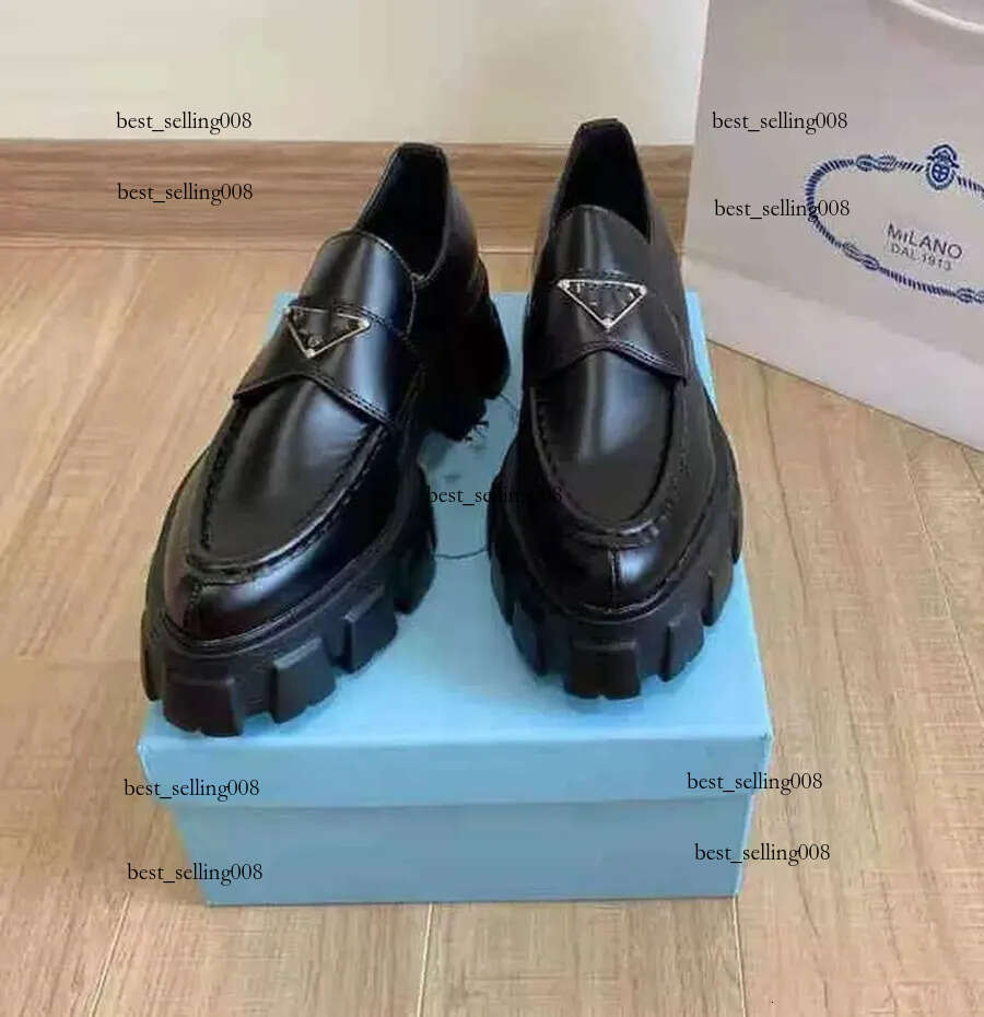 Women With pradaly Box Shoes Luxury Designer Brand Dress Shoe Metal Triangle Monolith Brushed Leather Loafers Platform Heel Poin 3b68
