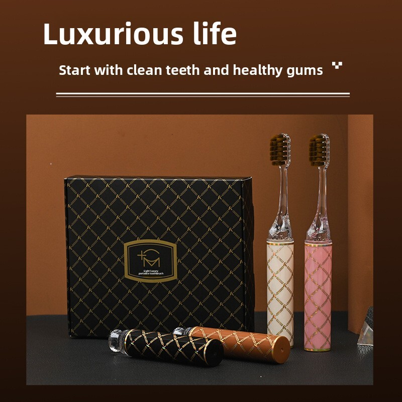 Toothbrush High End Luxury Lipstick Style Soft Bristles Gold Plated Wide Head Printed Stripe Plaid Pattern Portable Travel Family 4 Piece Gift Set