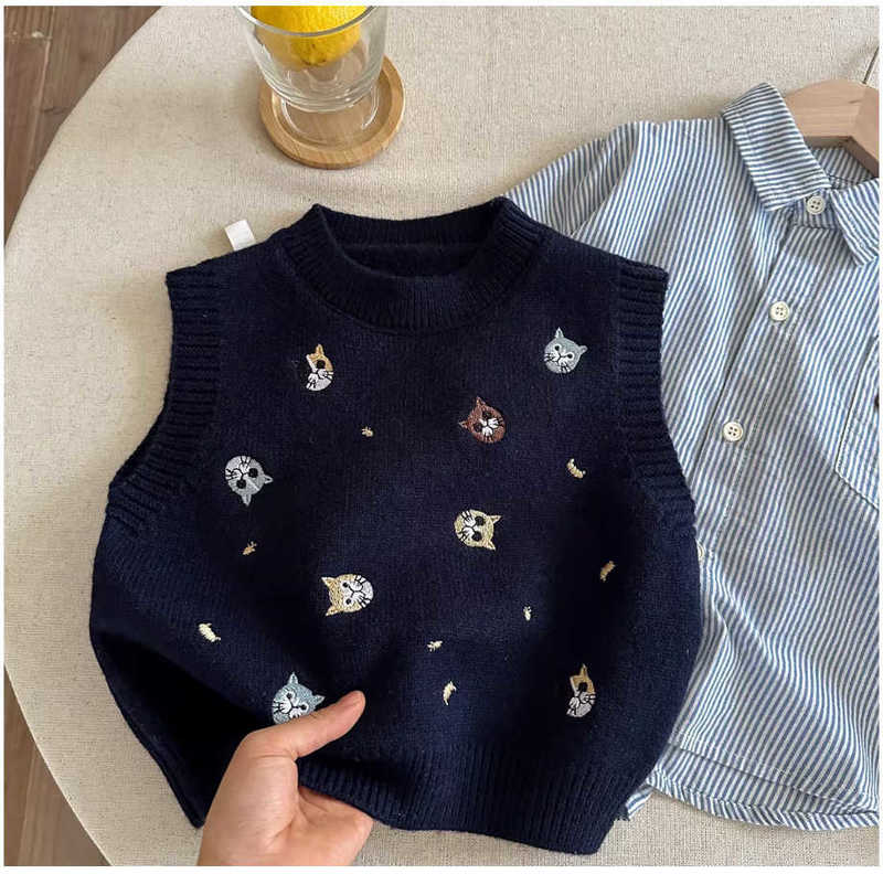 Pullover Pullover Children's Embroidered Knit Sweater Vest Spring and Autumn New Style Boys' and Girls' Sleeveless Vest Baby Cartoon To