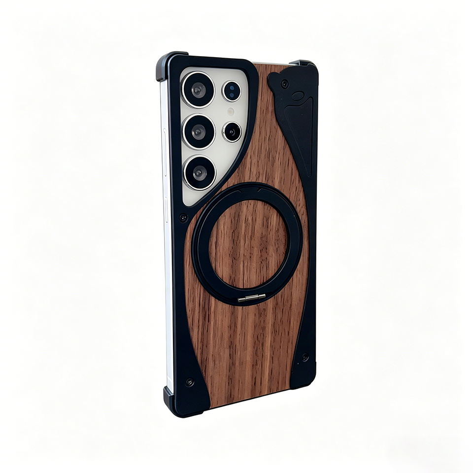 Compatible with Samsung S25 Ultra-Solid Wood Grain Borderless Case, 360° Rotating Magnetic Stand, Walnut & Aluminum Alloy Semi-wrapped Phone Case