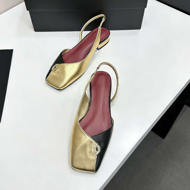 Luxury Metallic Contrast Square Toe Slingback Flats French Elegant Slip On Sandals Casual Party Shoes Comfortable Soft Sole For Women Daily Use Come with Gift Box