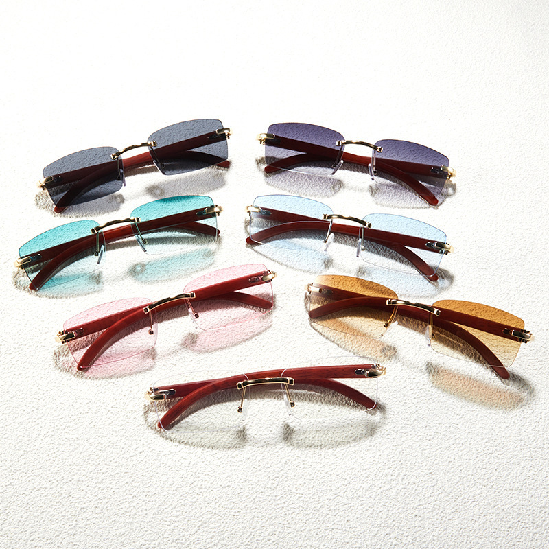 Fashion sunglasses Men and Women Frameless Imitation Wood Grain Temple Sunglasses