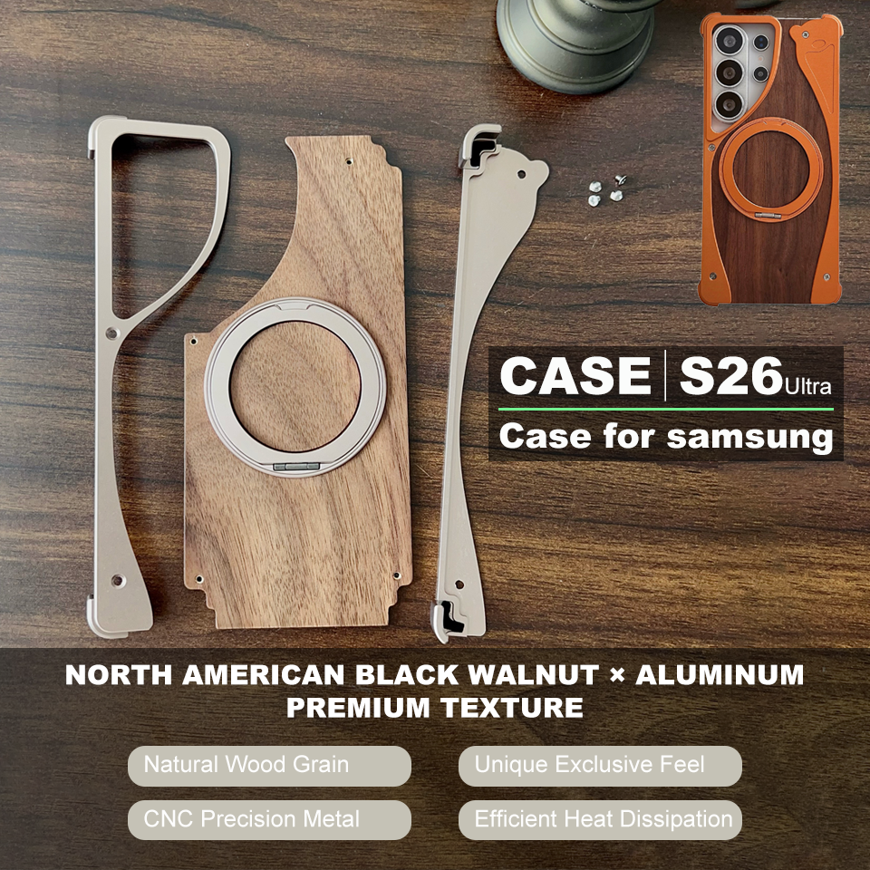 Samsung Galaxy S26 Ultra Solid Wooden Grain Borderless Protective Cover - Durable Aluminium Magnetically Adjustable Stand