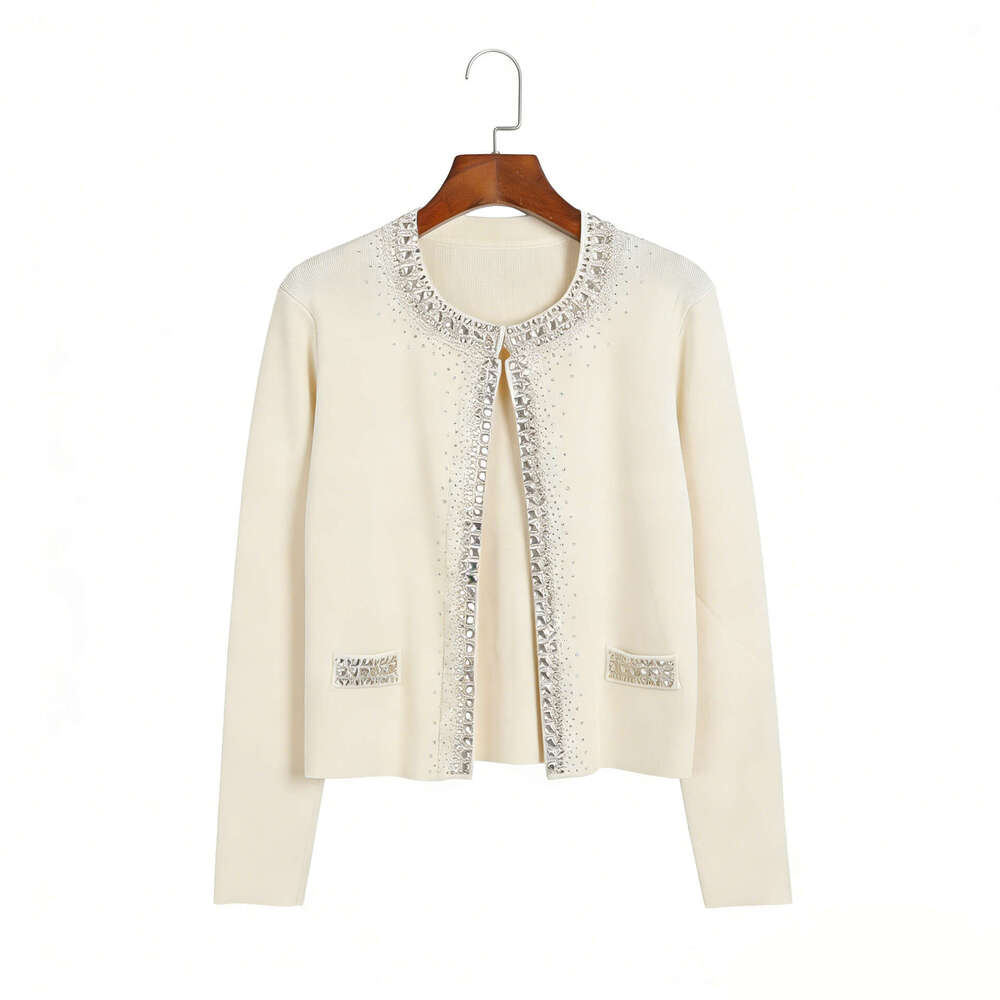 Spring new designer knitted round neck rhinestone long sleeved k30 cardigan and camisole long skirt elegant style