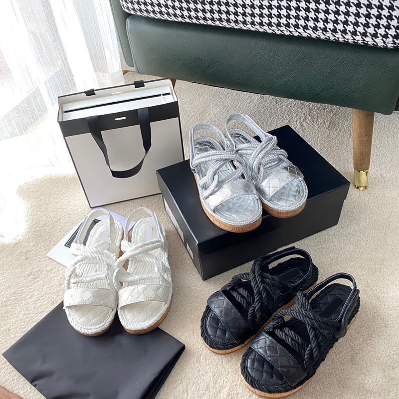 Women Rope Sandals Designer Slipper Flat Platform Sandal Outdoor Beach Flip Flops Leather Printed Lace-up Casual Shoes 331