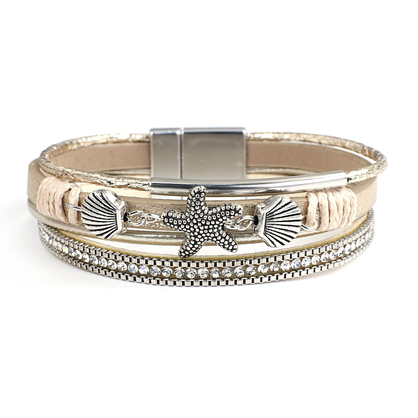 ALLYES Charm Starfish Shell Leather Bracelet for Women Men Boho Metal Tube Crystal Beads Chain Bracelets Bangles Beach Jewelry 260318BJ