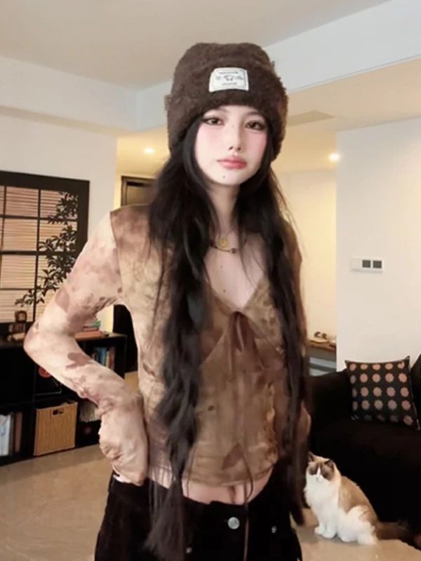 Streetwear Trendy Harajuku Fluffy Womens Tops Bandage Grunge Y2k Aesthetic Sexy Coats Fashion Chic Slim Vintage Print Cardigans 240808