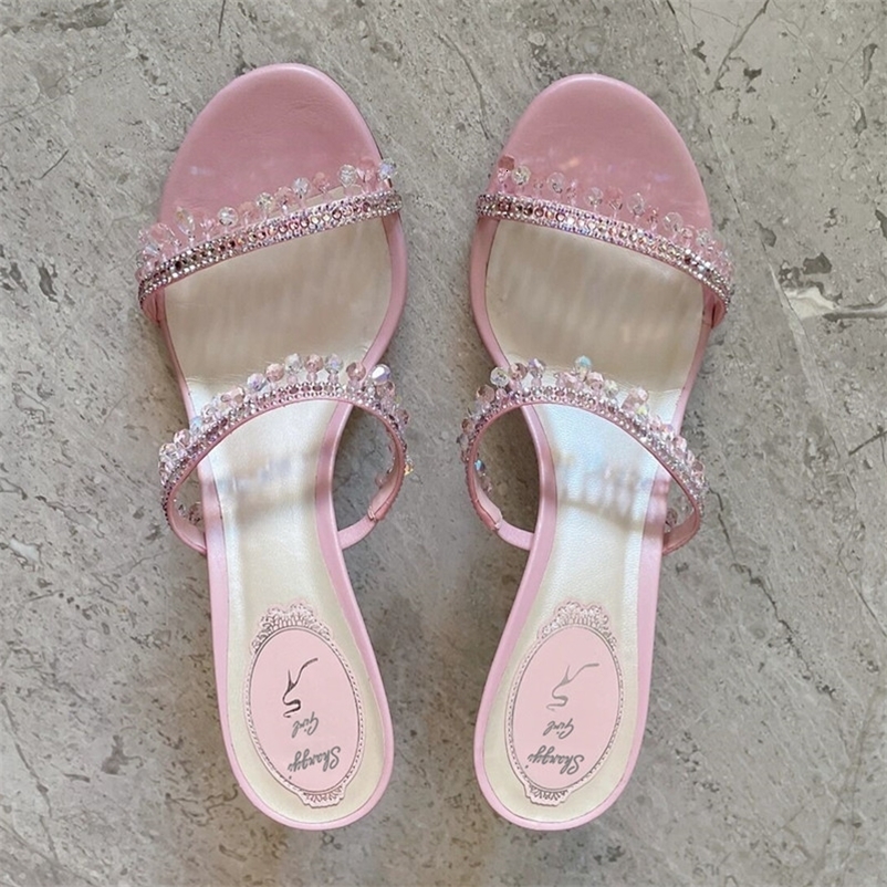 Summer Sexy Women Heel Rhinestone High Heels Open Toe Backless Slippers Fairy Style 260325