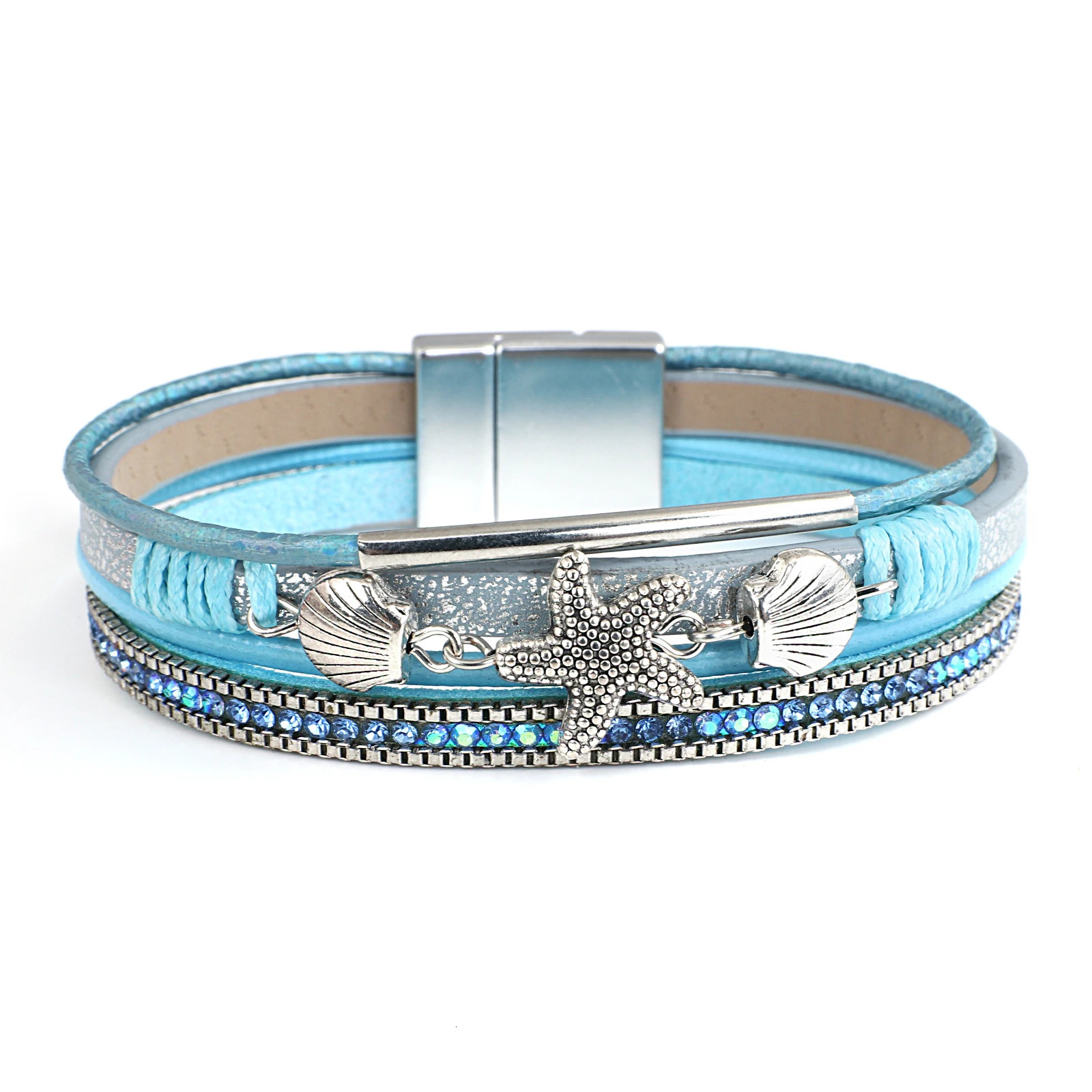 ALLYES Charm Starfish Shell Leather Bracelet for Women Men Boho Metal Tube Crystal Beads Chain Bracelets Bangles Beach Jewelry 260318BJ - view 6
