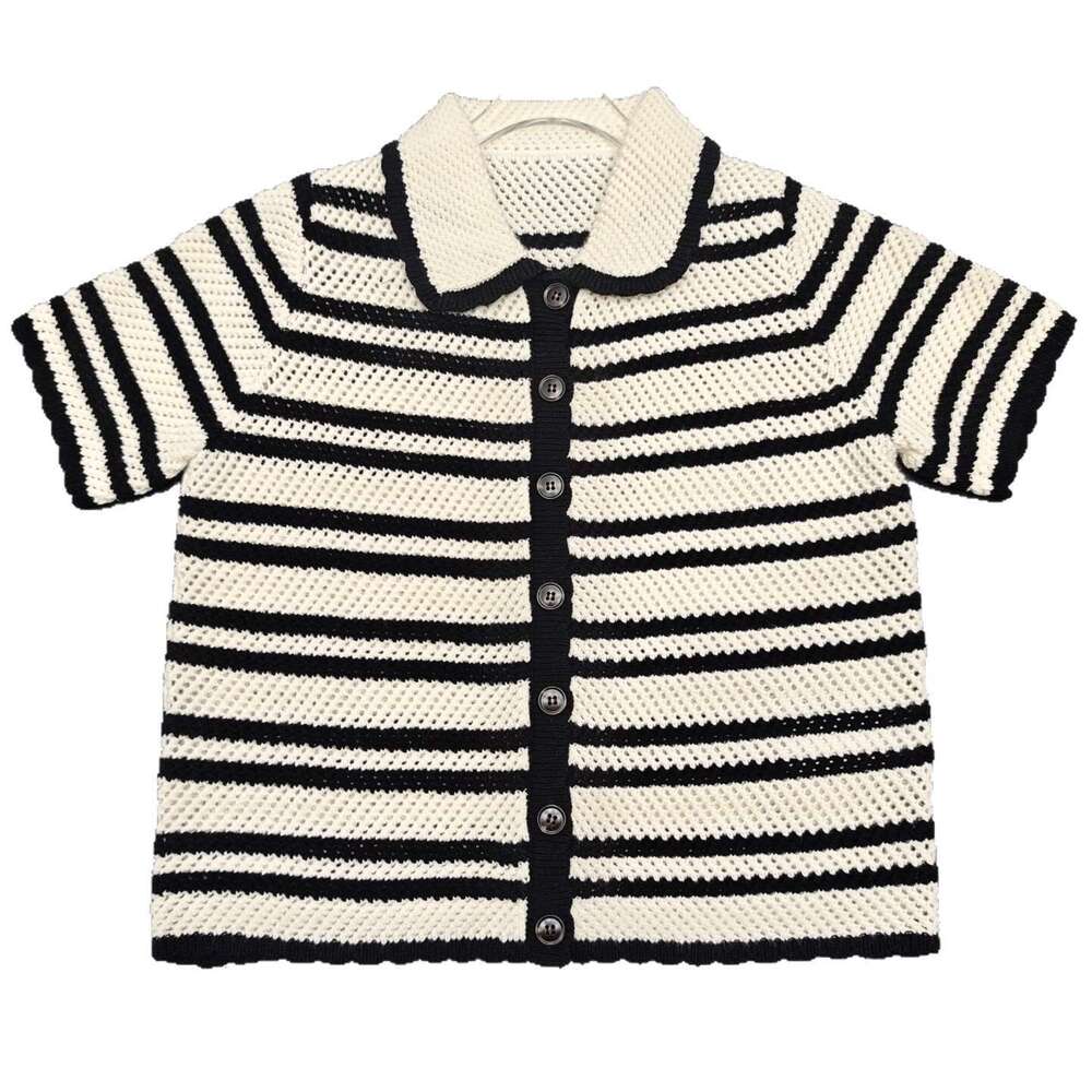 2026 Designer Women's Summer New Style Color blocked Striped Hollow Knitted k30 Top Short Sleeve Single breasted Drawstring Half Skirt