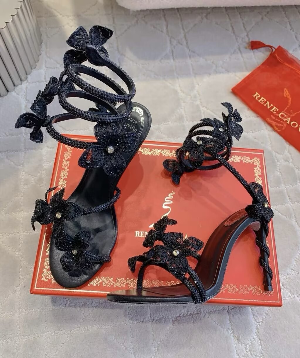 Luxury Floriane Crystal-encrusted Sandals Shoes Women Gladiator Sandalias Lady Flowers Spiral Ankle Strap Caovillas Party Wedding Dress Flats