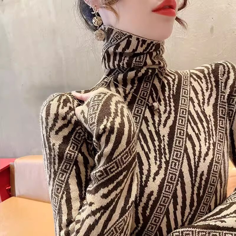 2026 Designer High Collar Sweater Fashion Luxury Brand Striped Jacquard New Style Western Long Sleeve Bottom Shirt Show Thinning Knitted Inner Women&#