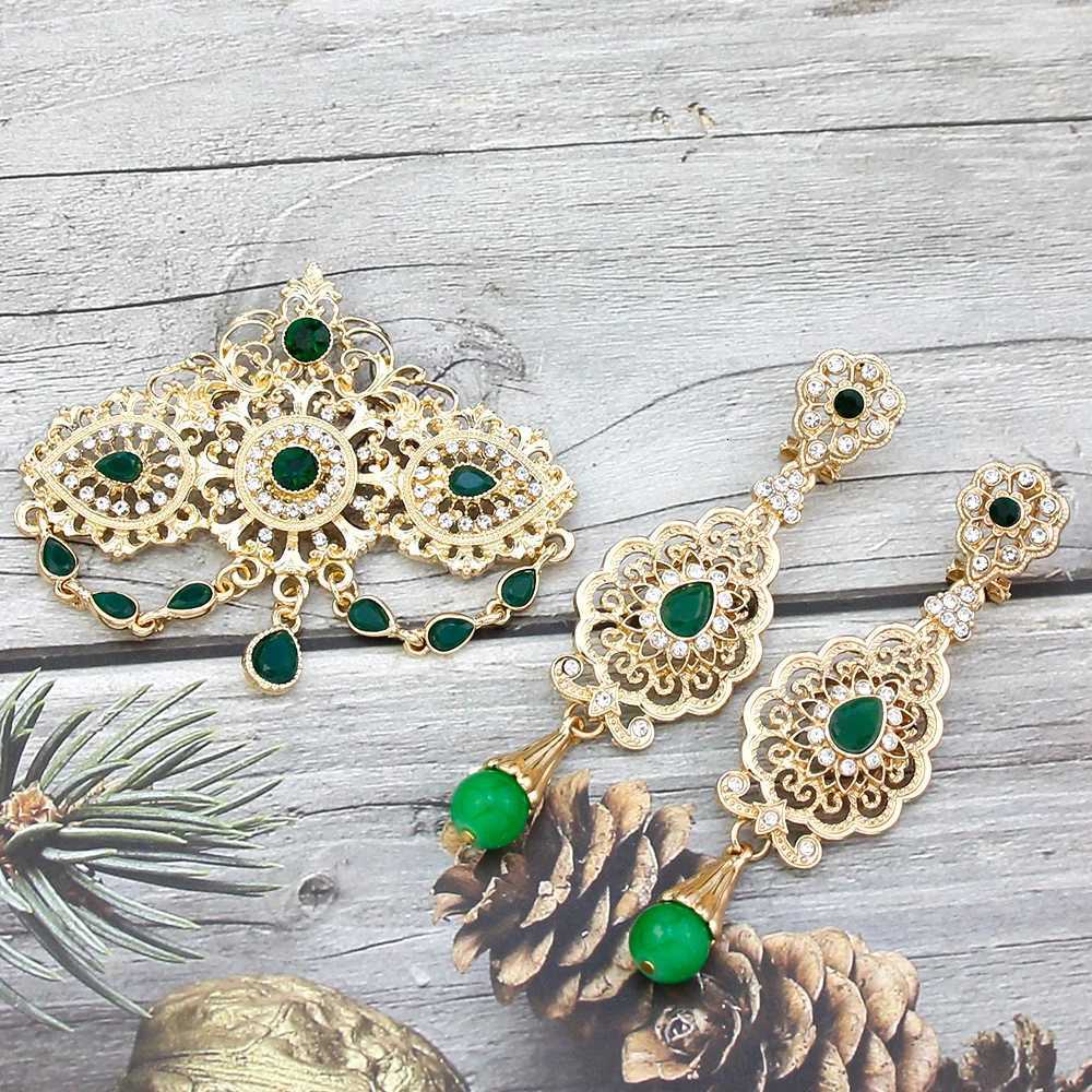 Gold Color Morocco Caftan Brooch Pins Long Drop Earring Blue Crystal Bride Jewelry Set for Women Arabic Flower Bijoux Z260401