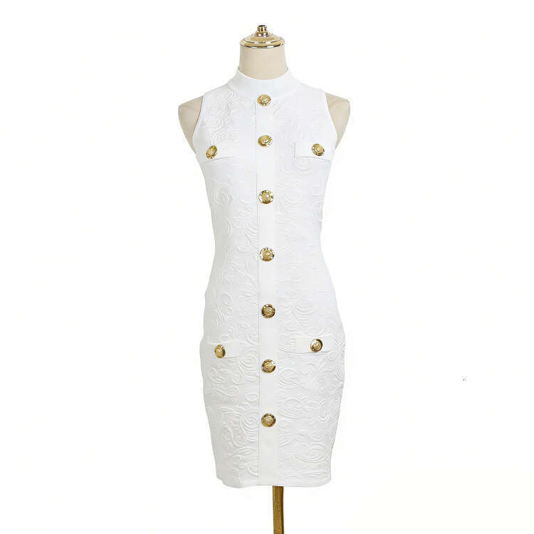 Summer new designer sleeveless knitted dress with stand up collar and jacquard pattern, slim fit, k30 medium length, elegant style