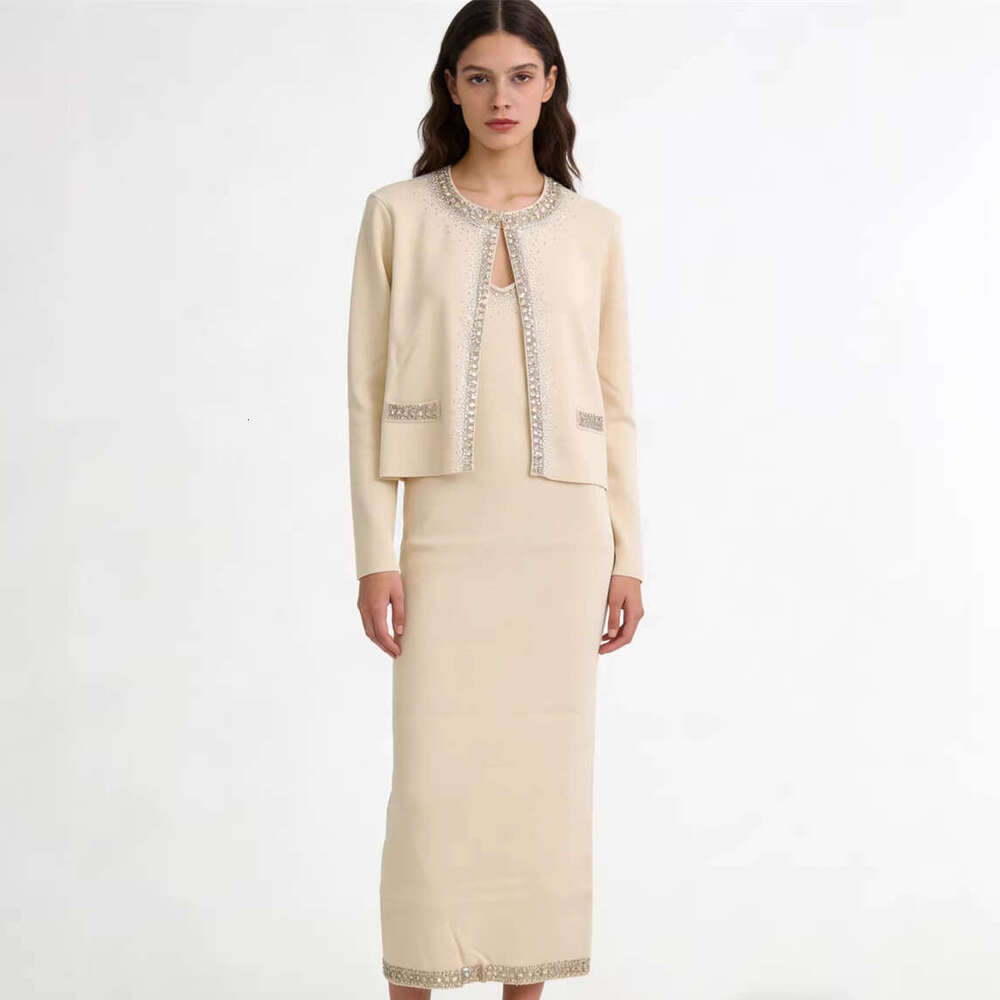 High quality designer niche style rhinestone decoration buttonless long sleeved thin knitted cardigan+women's k30 vest long skirt two-piece set