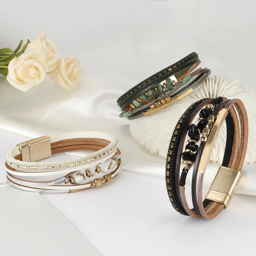 Fashion Natural Stone Bead Bracelets Bohemian Womens Leather Magnetic Buckle Charm Bracelet Sports Wrist Strap Party Jewelry 260318BJ - view 5