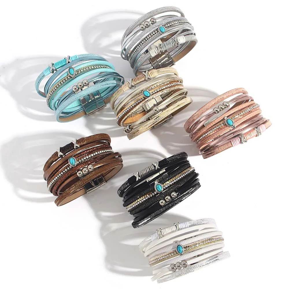 Amorcome Bohemian Multilayer Wrap Leather Bracelet for Women Men Blue Stone Rhinestone Chain Charm Bracelet Party Summer Jewelry 260318BJ - view 4