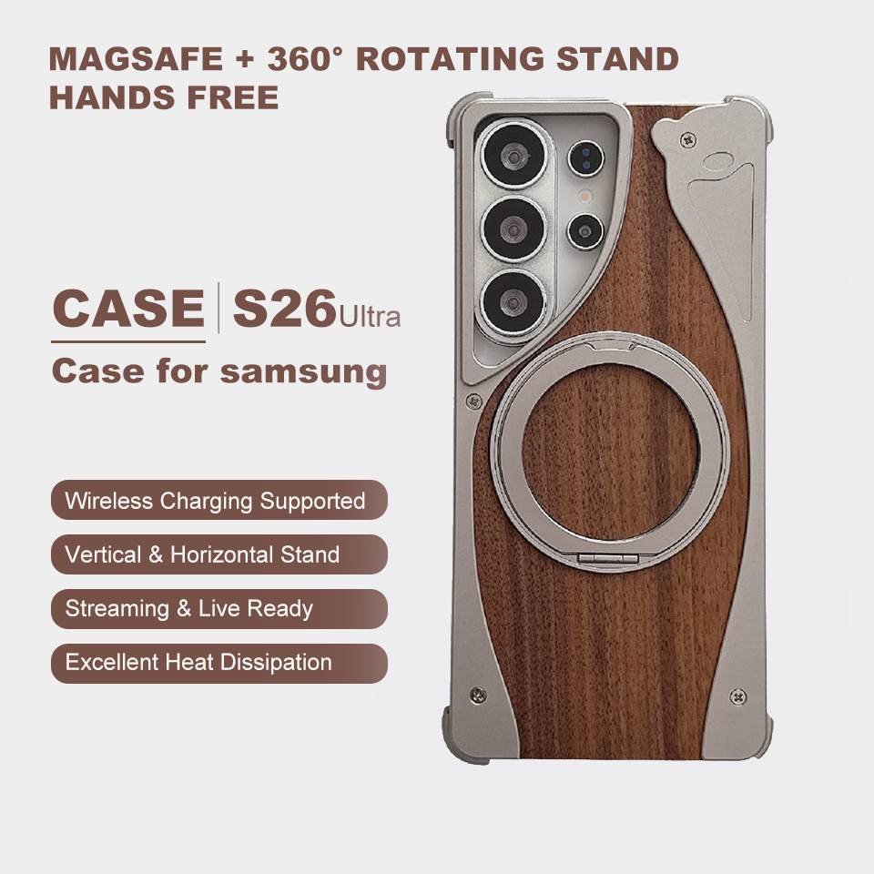 Samsung Galaxy S26 Ultra Solid Wooden Grain Borderless Protective Cover - Durable Aluminium Magnetically Adjustable Stand