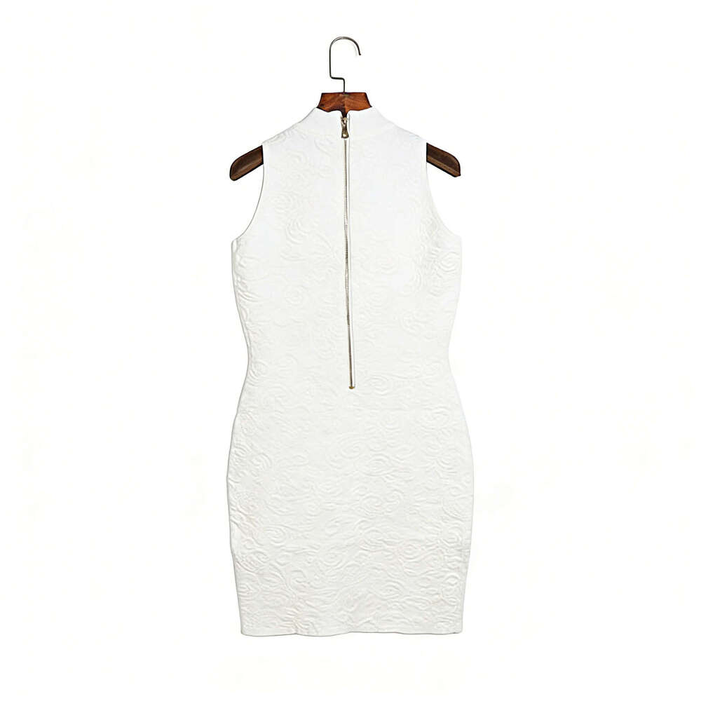 Summer new designer sleeveless knitted dress with stand up collar and jacquard pattern, slim fit, k30 medium length, elegant style