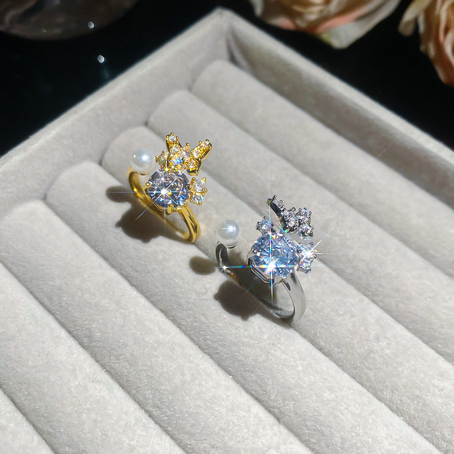 French-style exquisite zircon butterfly round pearl open niche high-end fashion ring, stylish and elegant women's jewelry - view 6