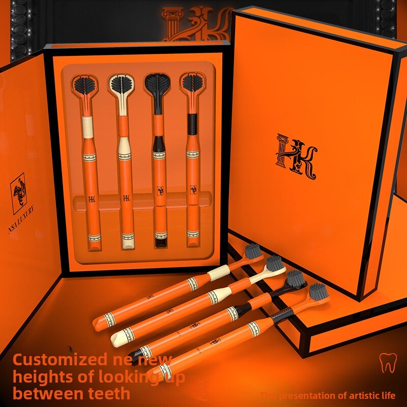 Toothbrush Three Sided Wrap Around Black High End Household Portable Gum Protecting Tongue Cleaning Wide Head Soft Toothbrush Gift Box