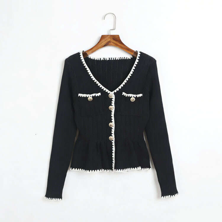 Spring designer knitted V-neck contrasting border pleated waistband cardigan high k30 waisted fishtail skirt small fragrance style clothing