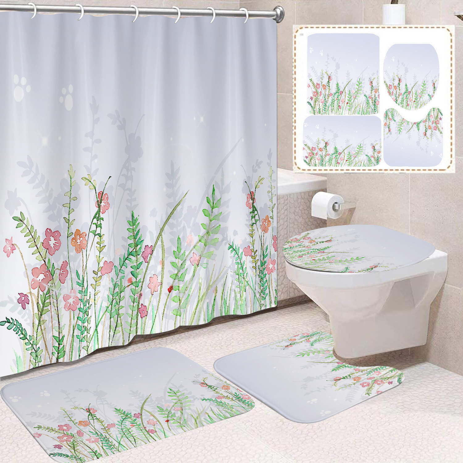 YL-38422 Floral Shower Curtain and Mat Set (4 Pieces) - Bathroom Dry and Wet Separation, Toilet Isolation Curtain, Modern Minimalist Style
