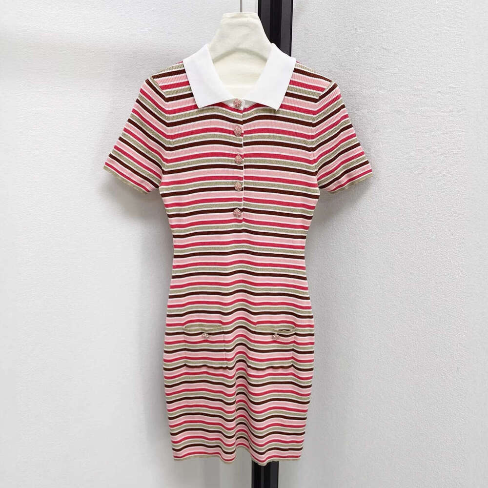 2026 Spring New Designer High end Striped Slimming Women's Flip Collar Half Button Short k30 Sleeve Knitted Dress