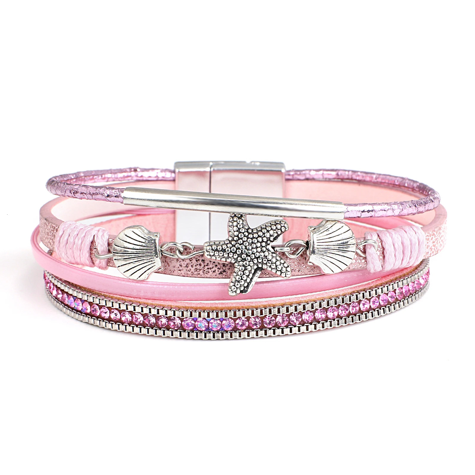 ALLYES Charm Starfish Shell Leather Bracelet for Women Men Boho Metal Tube Crystal Beads Chain Bracelets Bangles Beach Jewelry 260318BJ - view 5